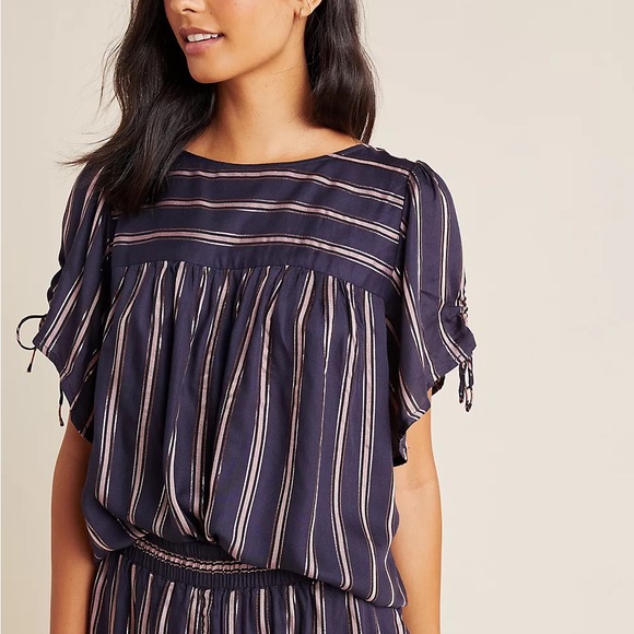 By Anthropologie Navy & Metallic Striped Tie Short Sleeve Peasant Blouse Top - Picture 3 of 15